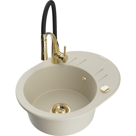 Mexen Kevin 1-bowl granite sink with drainer and Aster kitchen faucet, beige - 6517-69-73450-57-G