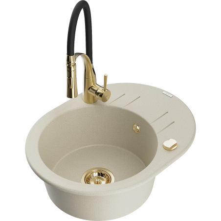 Mexen Kevin 1-bowl granite sink with drainer and Aster kitchen tap, beige - 6517-69-73450-57-G