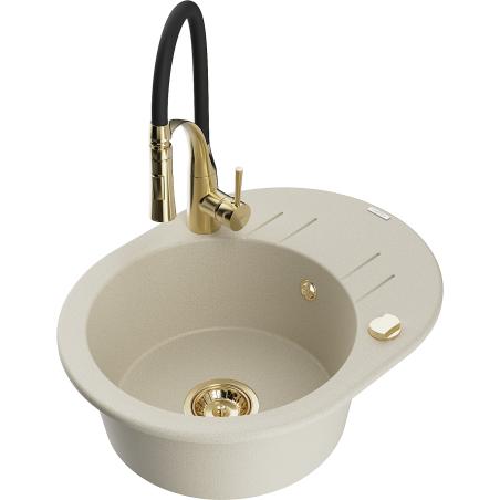 Mexen Kevin granite kitchen sink 1-bowl with drainer and Aster kitchen faucet, beige - 6517-69-73450-57-G