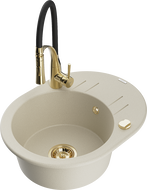 Mexen Kevin granite kitchen sink 1-bowl with drainer and Aster kitchen faucet, beige - 6517-69-73450-57-G