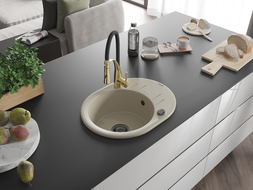 Mexen Kevin single-bowl granite sink with drainer and Aster kitchen tap, beige - 6517-69-73450-57-B