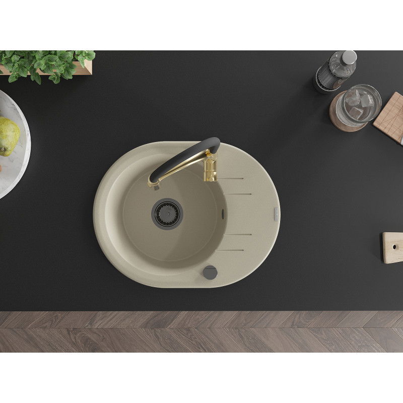 Mexen Kevin single-bowl granite sink with drainer and Aster kitchen tap, beige - 6517-69-73450-57-B