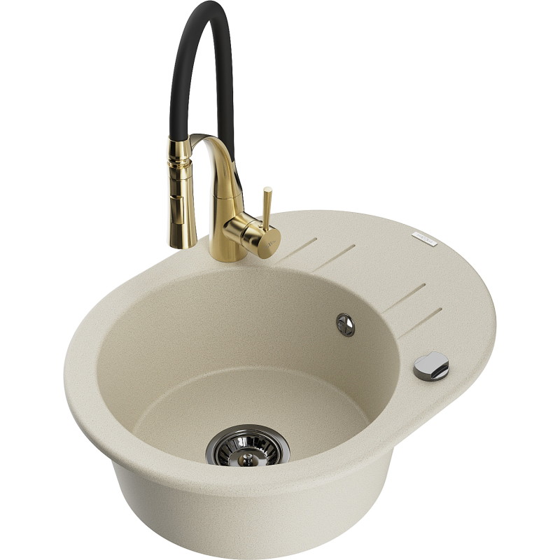Mexen Kevin 1-bowl granite sink with drainer and kitchen tap Aster, beige - 6517-69-73450-57-B
