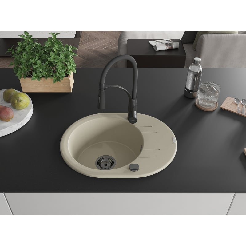 Mexen Kevin 1-bowl granite sink with drainer and Aster kitchen faucet, beige - 6517-69-73450-70-B