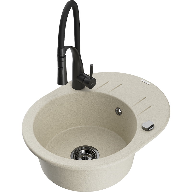 Mexen Kevin 1-bowl granite sink with drainer and Aster kitchen faucet, beige - 6517-69-73450-70-B