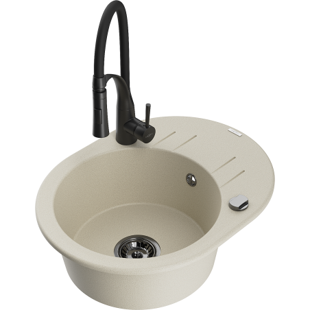Mexen Kevin granite single-bowl sink with drainer and Aster kitchen faucet, beige - 6517-69-73450-70-B