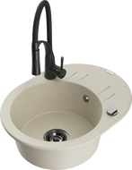 Mexen Kevin granite single-bowl sink with drainer and Aster kitchen faucet, beige - 6517-69-73450-70-B