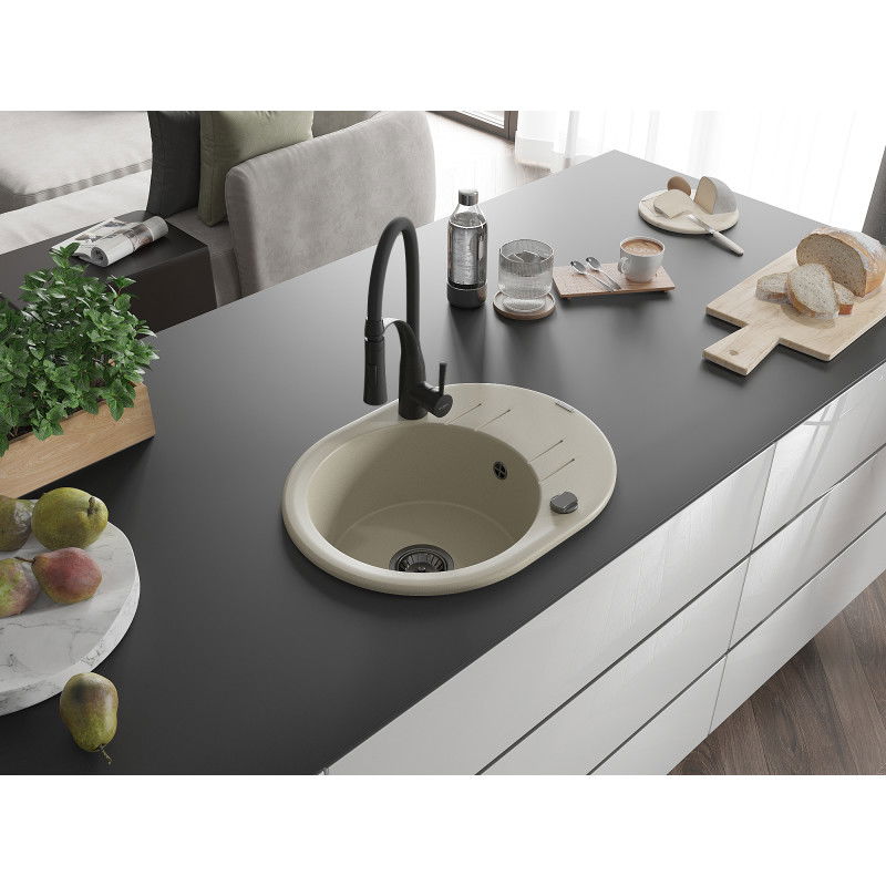Mexen Kevin 1-bowl Granite Sink with Drainer and Aster Kitchen Tap, Beige - 6517-69-73450-70-B