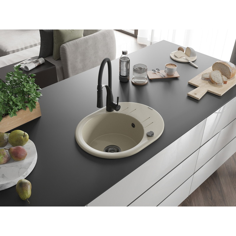 Mexen Kevin granite single-bowl sink with drainer and Aster kitchen faucet, beige - 6517-69-73450-70-B
