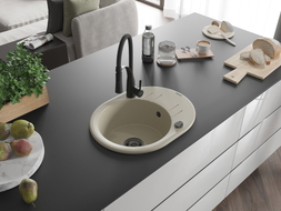 Mexen Kevin granite single-bowl sink with drainer and Aster kitchen faucet, beige - 6517-69-73450-70-B