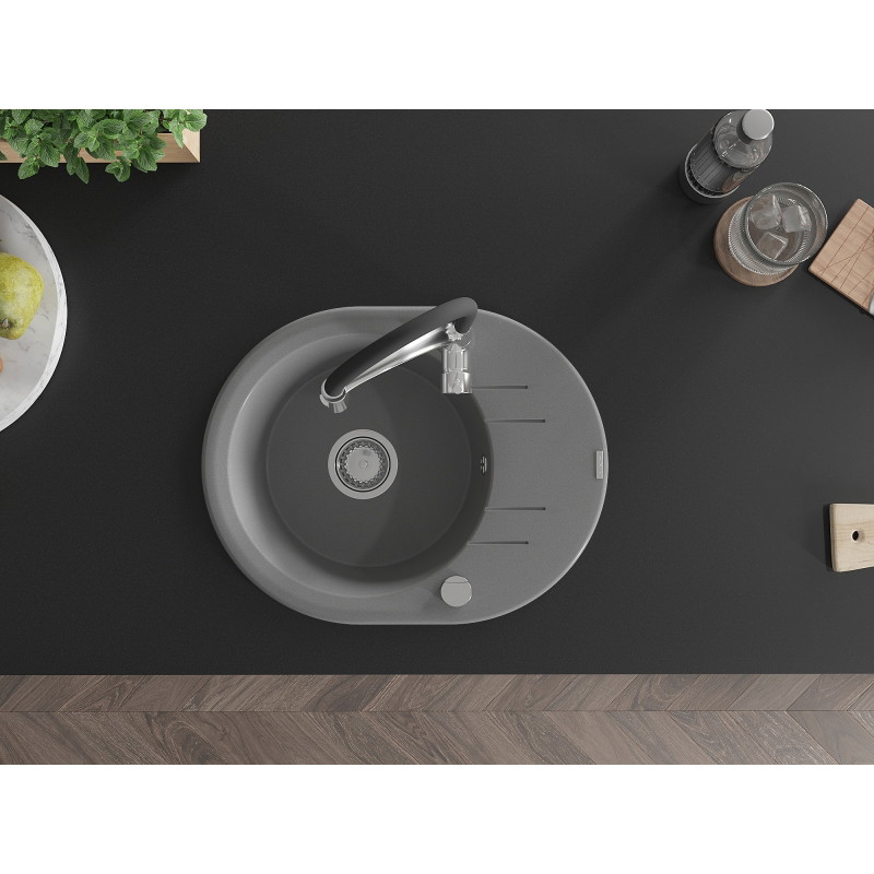 Mexen Kevin 1-bowl granite sink with drainer and kitchen faucet Aster, gray - 6517-71-73450-07
