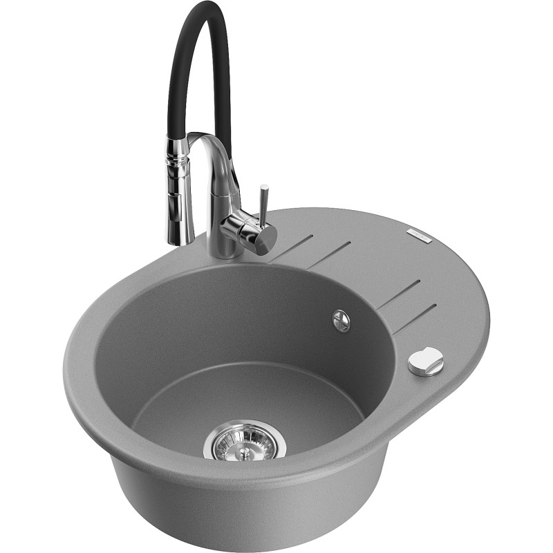 Mexen Kevin 1-bowl granite kitchen sink with drainer and Aster kitchen faucet, gray - 6517-71-73450-07
