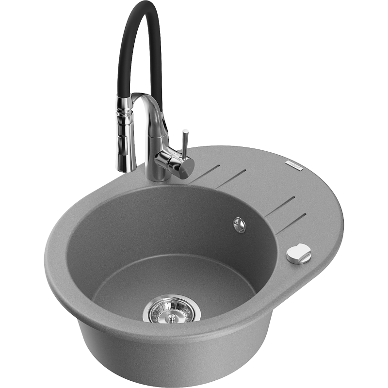 Mexen Kevin 1-compartment granite sink with a drip tray and kitchen mixer tap Aster, Grey - 6517-71-73450-07