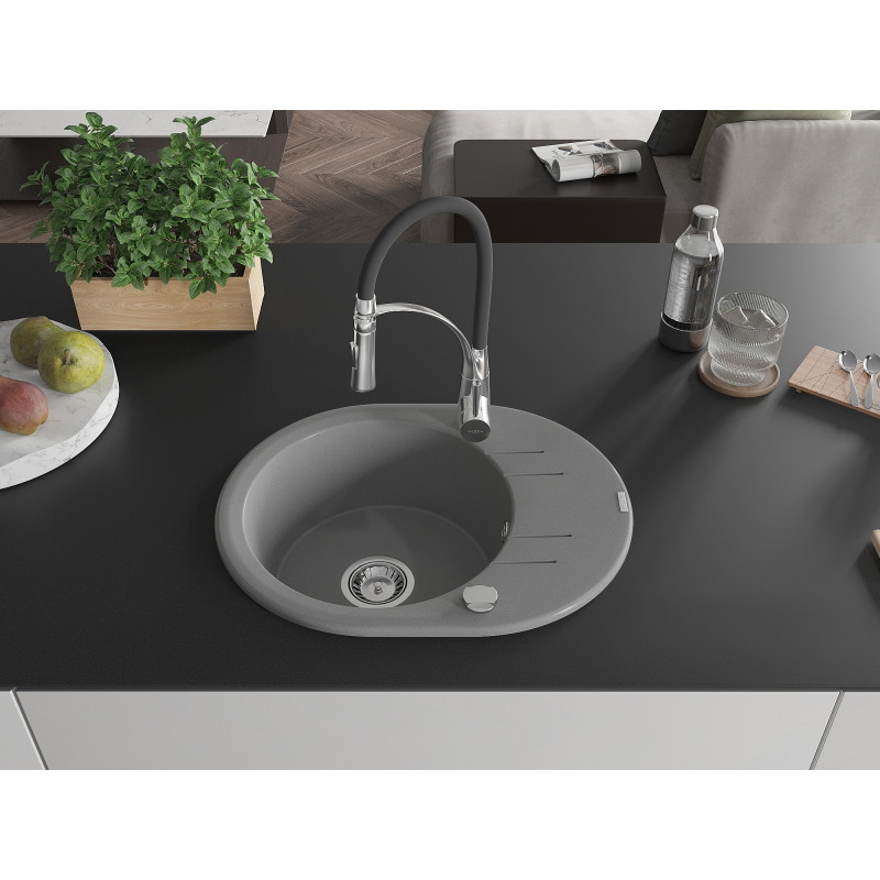 Mexen Kevin 1-bowl granite kitchen sink with drainer and Aster kitchen faucet, gray - 6517-71-73450-07
