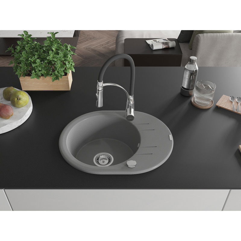 Mexen Kevin granite kitchen sink 1-bowl with drainer and Aster kitchen tap, grey - 6517-71-73450-07