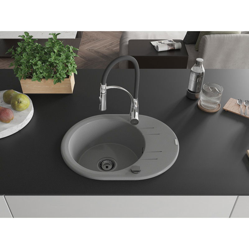 Mexen Kevin 1-bowl granite sink with drainer and Aster kitchen tap, grey - 6517-71-73450-07-B