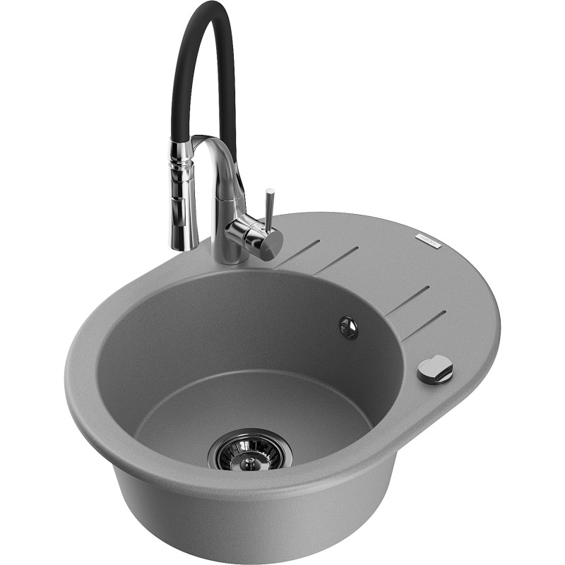 Mexen Kevin granite kitchen sink 1-bowl with drainer and kitchen faucet Aster, gray - 6517-71-73450-07-B
