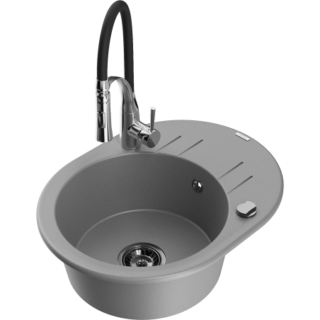 Mexen Kevin 1-compartment granite sink with a drip tray and kitchen mixer tap Aster, Grey - 6517-71-73450-07-B