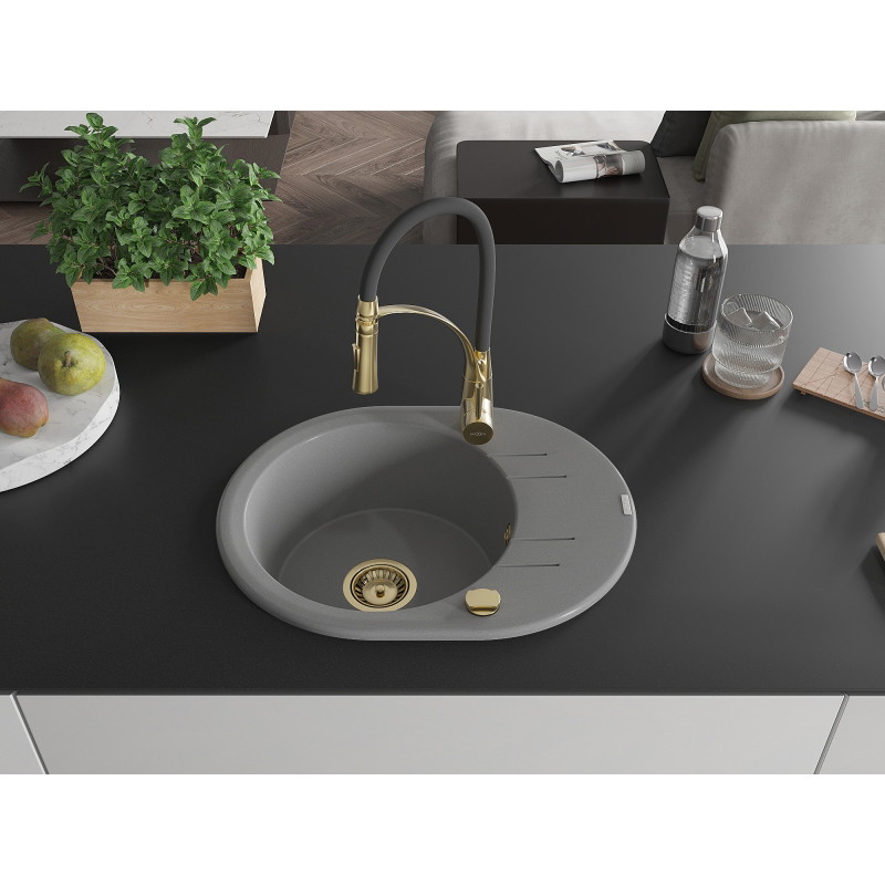 Mexen Kevin granite kitchen sink 1-bowl with drainer and Aster kitchen faucet, gray - 6517-71-73450-57-G