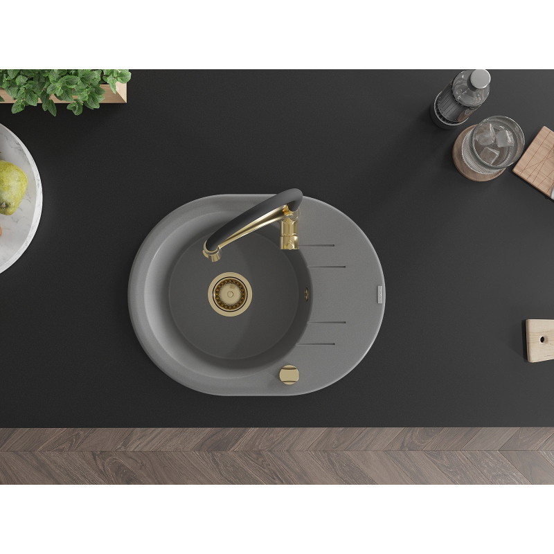 Mexen Kevin granite kitchen sink 1-bowl with drainer and Aster kitchen faucet, gray - 6517-71-73450-57-G