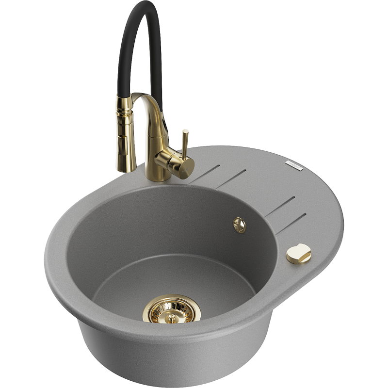 Mexen Kevin 1-bowl granite sink with drainer and Aster kitchen tap, grey - 6517-71-73450-57-G