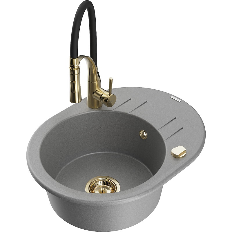 Mexen Kevin granite single-bowl sink with drainer and Aster kitchen faucet, gray - 6517-71-73450-57-G