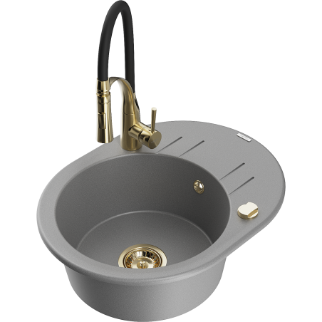 Mexen Kevin granite kitchen sink 1-bowl with drainer and Aster kitchen faucet, gray - 6517-71-73450-57-G