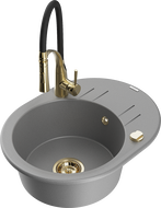 Mexen Kevin granite kitchen sink 1-bowl with drainer and Aster kitchen faucet, gray - 6517-71-73450-57-G