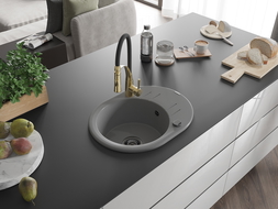 Mexen Kevin 1-compartment granite sink with a drip tray and kitchen mixer tap Aster, Grey - 6517-71-73450-57-B