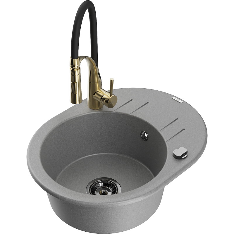 Mexen Kevin 1-Bowl Granite Sink with Drainer and Kitchen Faucet Aster, Gray - 6517-71-73450-57-B