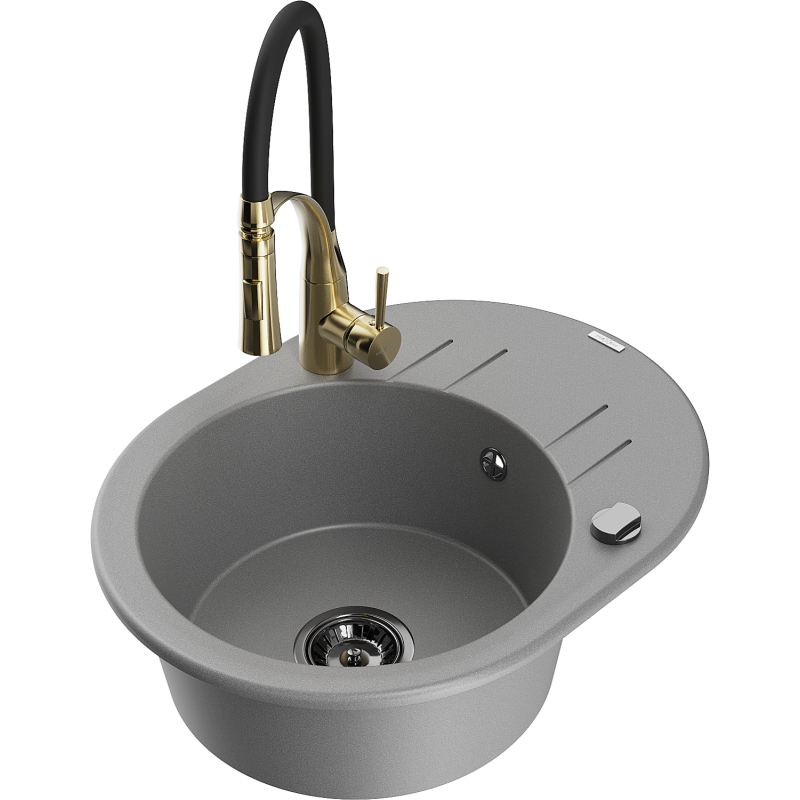 Mexen Kevin 1-compartment granite sink with a drip tray and kitchen mixer tap Aster, Grey - 6517-71-73450-57-B