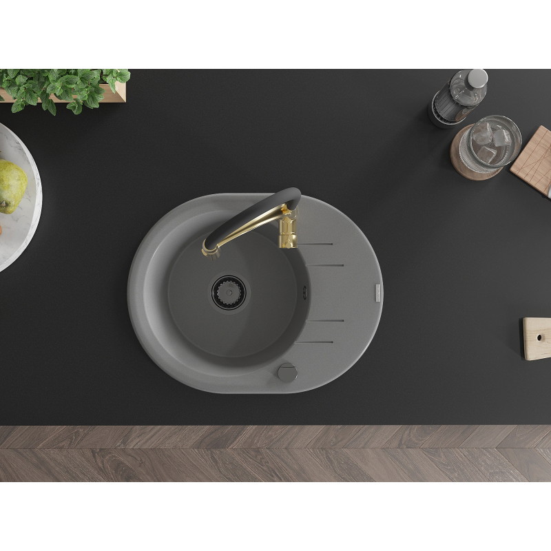 Mexen Kevin granite kitchen sink 1-bowl with drainer and kitchen faucet Aster, gray - 6517-71-73450-57-B