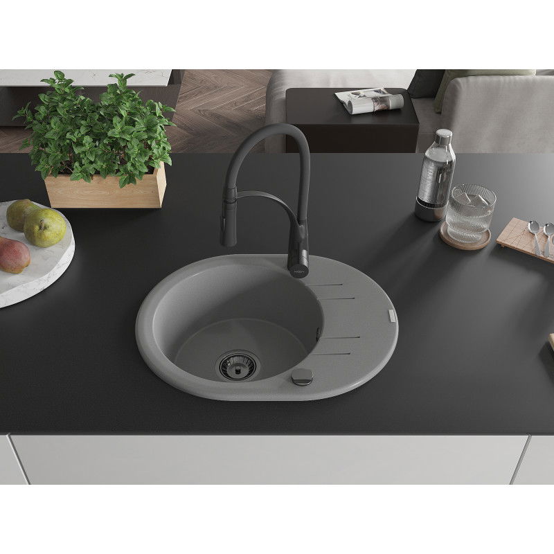 Mexen Kevin granite sink 1-bowl with drainer and Aster kitchen tap, grey - 6517-71-73450-70-B