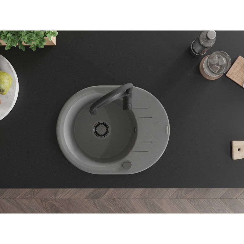 Mexen Kevin granite sink 1-bowl with drainer and Aster kitchen tap, grey - 6517-71-73450-70-B