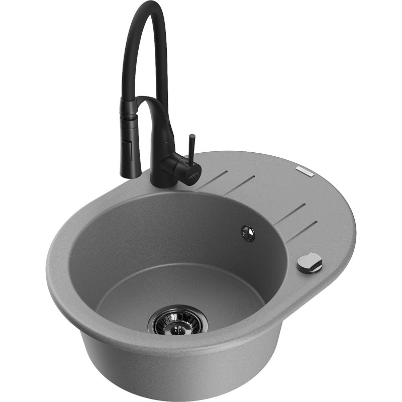 Mexen Kevin granite 1-bowl kitchen sink with drainer and Aster kitchen faucet, gray - 6517-71-73450-70-B