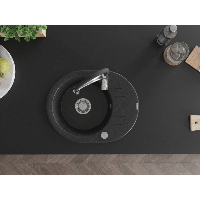 Mexen Kevin granite sink 1-bowl with drainer and Aster kitchen faucet, black/silver metallic - 6517-73-73450-07