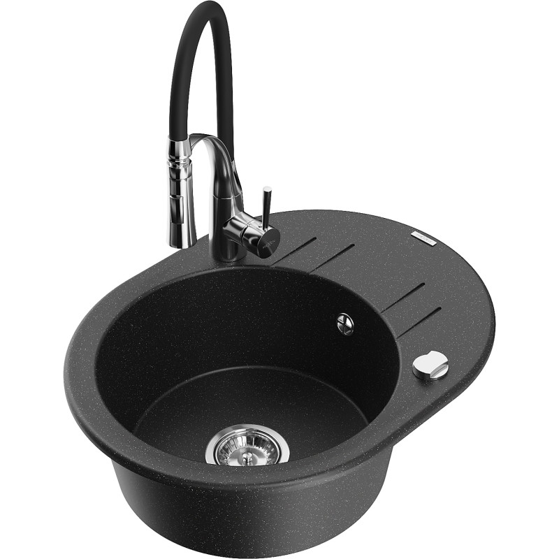 Mexen Kevin granite kitchen sink single bowl with drainer and Aster kitchen faucet, black/silver metallic - 6517-73-73450-07