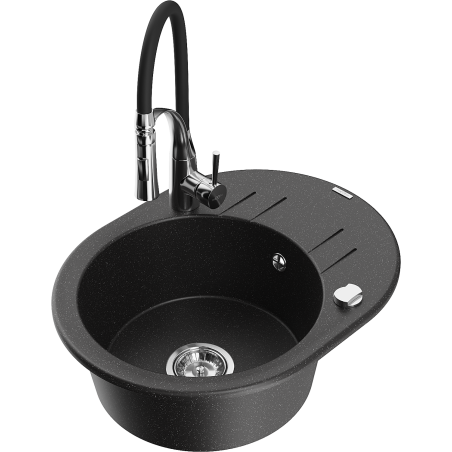 Mexen Kevin granite kitchen sink single bowl with drainer and Aster kitchen faucet, black/silver metallic - 6517-73-73450-07