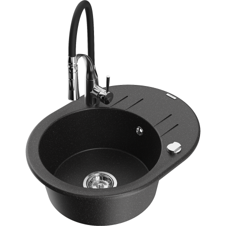 Mexen Kevin granite kitchen sink with 1 basin, drainer, and Aster faucet, black/silver metallic - 6517-73-73450-07