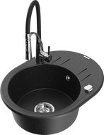 Mexen Kevin granite kitchen sink single bowl with drainer and Aster kitchen faucet, black/silver metallic - 6517-73-73450-07