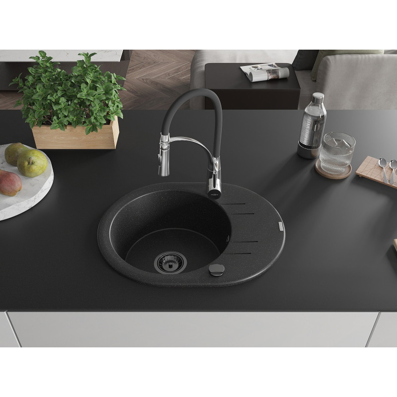 Mexen Kevin granite single-bowl sink with drainer and kitchen faucet Aster, black/silver metallic - 6517-73-73450-07-B