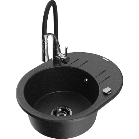 Mexen Kevin granite single-bowl sink with drainer and kitchen faucet Aster, black/silver metallic - 6517-73-73450-07-B