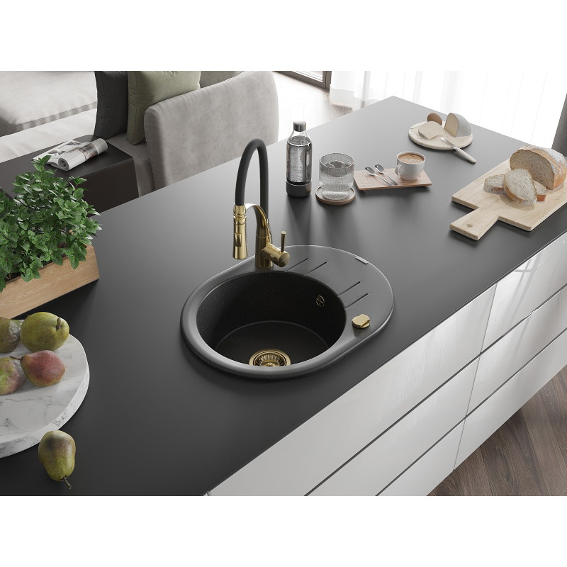 Mexen Kevin granite kitchen sink 1-bowl with drainer and Aster kitchen faucet, black/silver metallic - 6517-73-73450-57-G