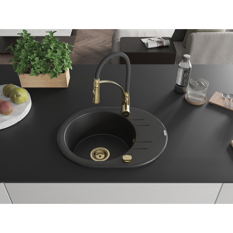 Mexen Kevin granite kitchen sink 1-bowl with drainer and Aster kitchen faucet, black/silver metallic - 6517-73-73450-57-G