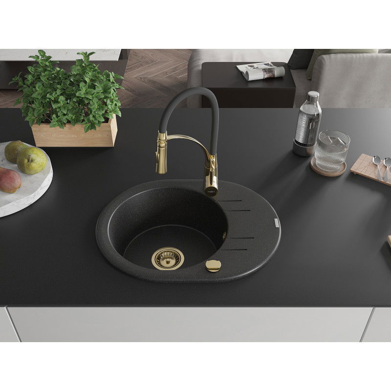 Mexen Kevin Granite Kitchen Sink 1-Bowl with Drainer and Aster Kitchen Tap, Black/Silver Metallic - 6517-73-73450-57-G