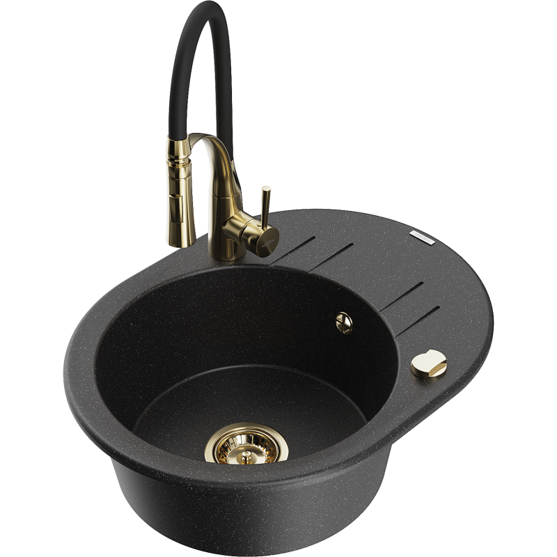 Mexen Kevin Granite Kitchen Sink 1-Bowl with Drainer and Aster Kitchen Tap, Black/Silver Metallic - 6517-73-73450-57-G