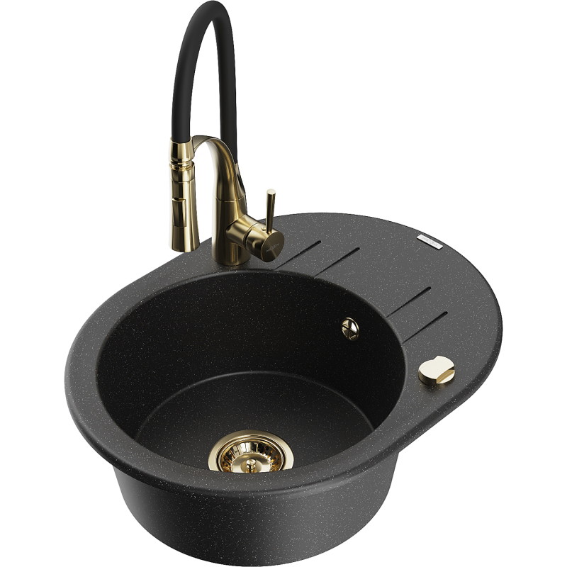 Mexen Kevin granite sink 1-bowl with drainer and kitchen faucet Aster, black/silver metallic - 6517-73-73450-57-G