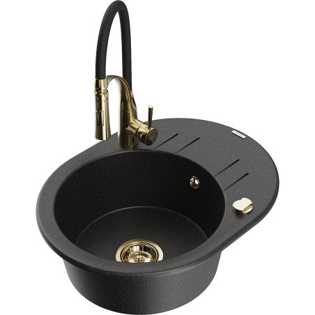 Mexen Kevin granite kitchen sink 1-bowl with drainer and Aster kitchen faucet, black/silver metallic - 6517-73-73450-57-G
