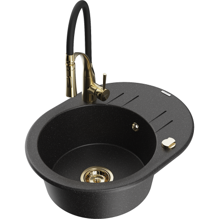 Mexen Kevin Granite Kitchen Sink 1-Bowl with Drainer and Aster Kitchen Tap, Black/Silver Metallic - 6517-73-73450-57-G