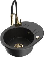 Mexen Kevin granite sink 1-bowl with drainer and kitchen faucet Aster, black/silver metallic - 6517-73-73450-57-G